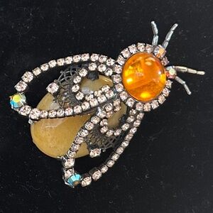 Danny Pollak Swarovski Topaz Crystal and Stone Fly Brooch in Antique Silver